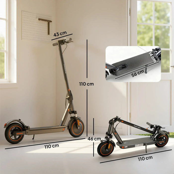 Electric scooter standing and folded with dimension labels in bright room, highlighting compact design
