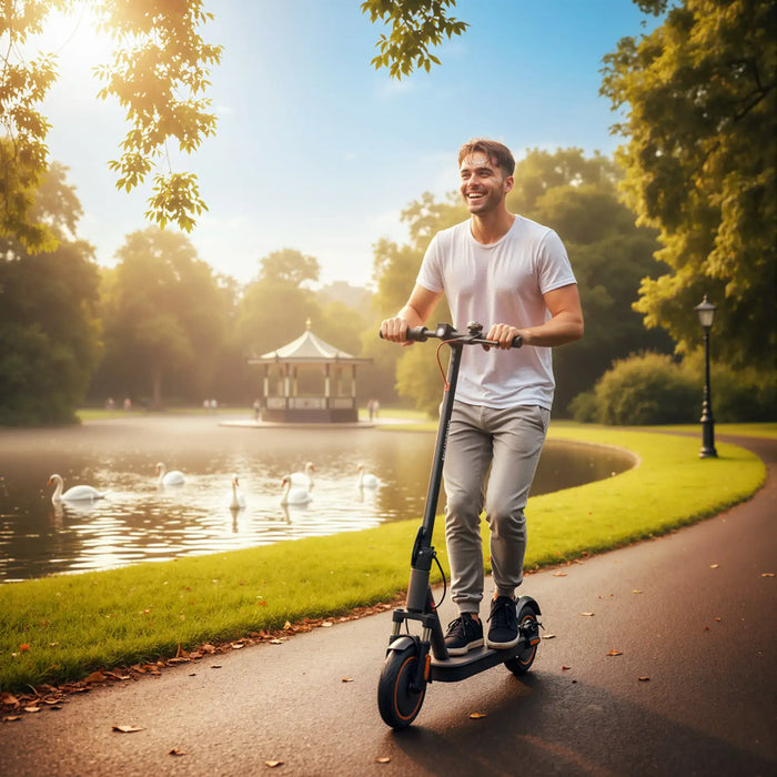 Smiling man riding black electric scooter on sunny park path near pond with swans and gazebo