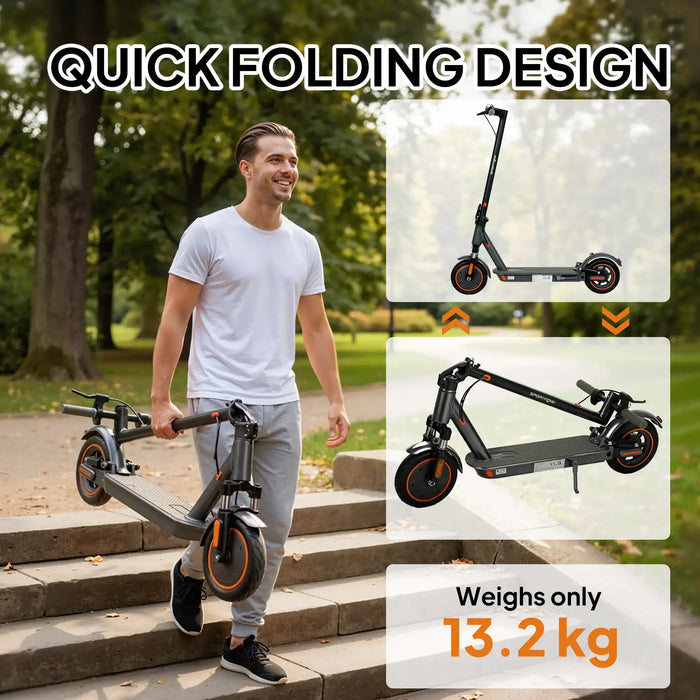Man carrying lightweight black electric scooter with orange accents and quick folding design outdoors