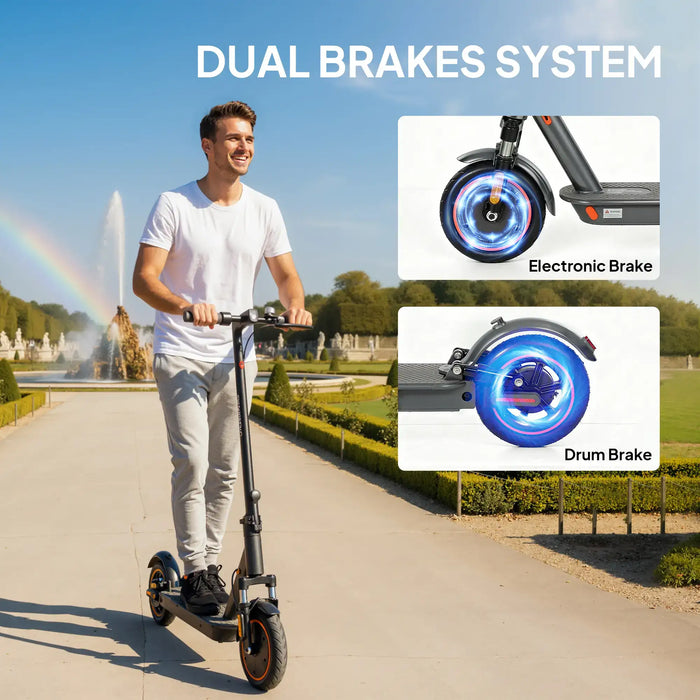 Man riding black electric scooter in park with rainbow and fountain, featuring dual brakes system with electronic and drum brakes