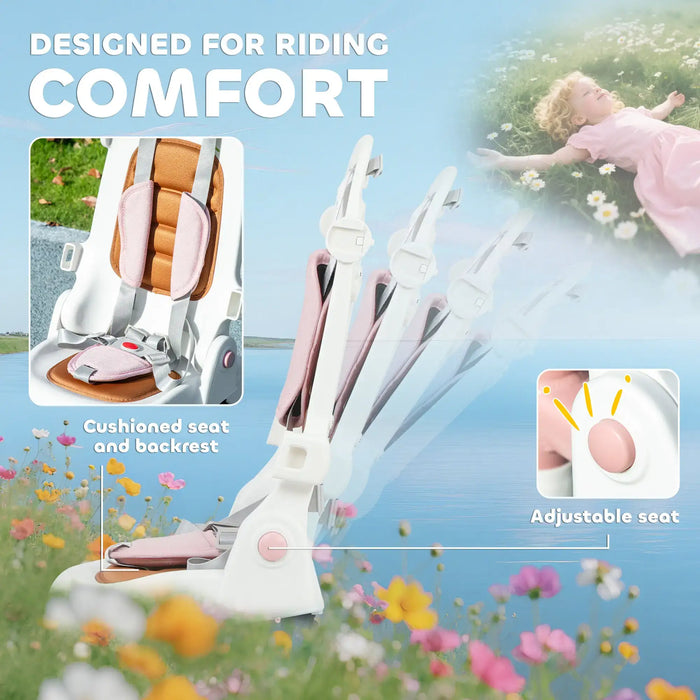 Child safety seat with cushioned seat and backrest and adjustable seat feature, set against a scenic background.