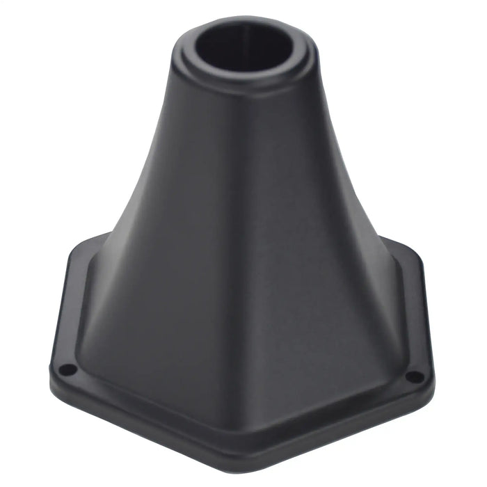 Black plastic hexagonal funnel with wide base and narrow top for liquid transfer
