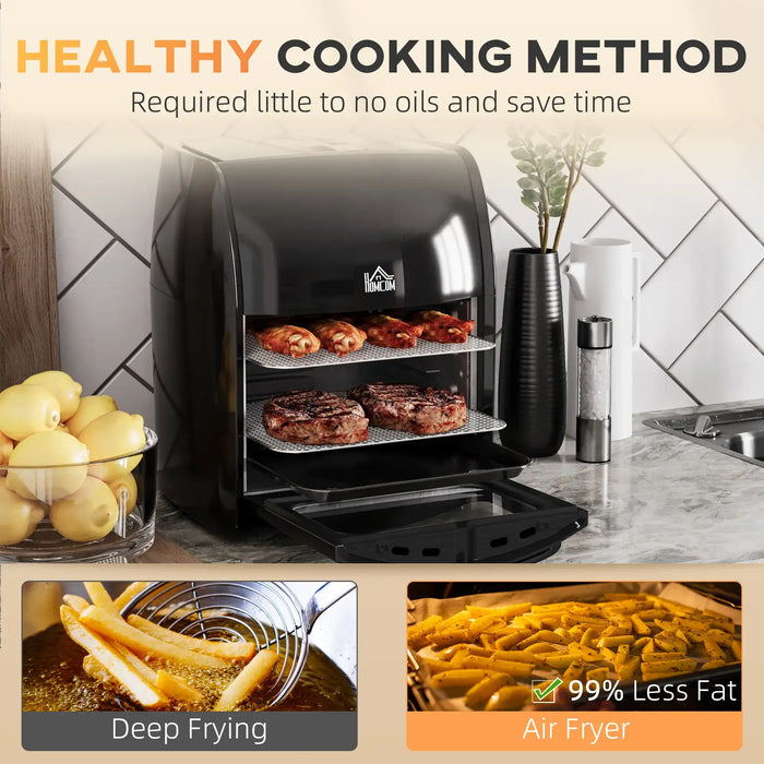 Black air fryer on a kitchen counter with text about healthy cooking methods.