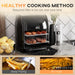Black air fryer on a kitchen counter with text about healthy cooking methods.