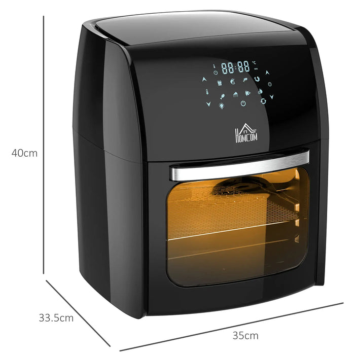 Black air fryer with digital display and dimensions indicated