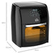 Black air fryer with digital display and dimensions indicated