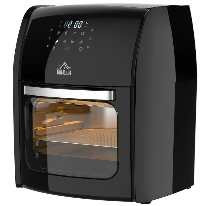 Black oven with digital display on a white background