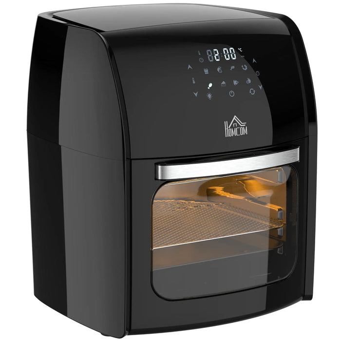 Black air fryer with digital display on a white background