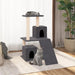 Dark grey multi-level cat tree with sisal posts, two cats, and cozy indoor setting