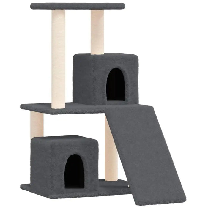 Dark grey multi-level cat tree with sisal posts, two cubby houses, and ramp
