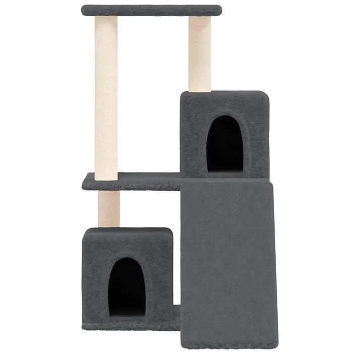 Dark grey multi-level cat tree with sisal posts and two cubby houses