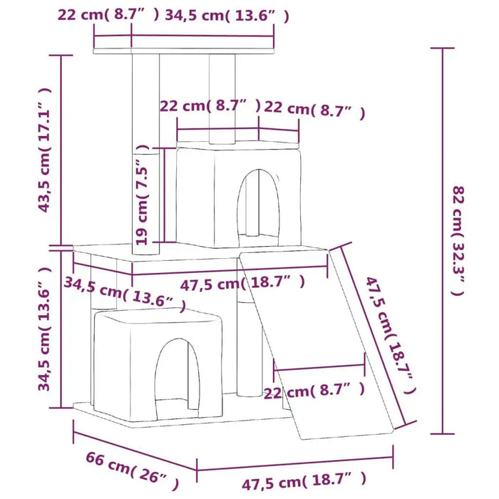 Multi-level cat tree with sisal posts, condos, ramp, and platform tower, showing measurements.