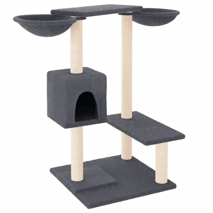 Dark grey multi-level cat tree with sisal posts, two baskets, and a cubed house