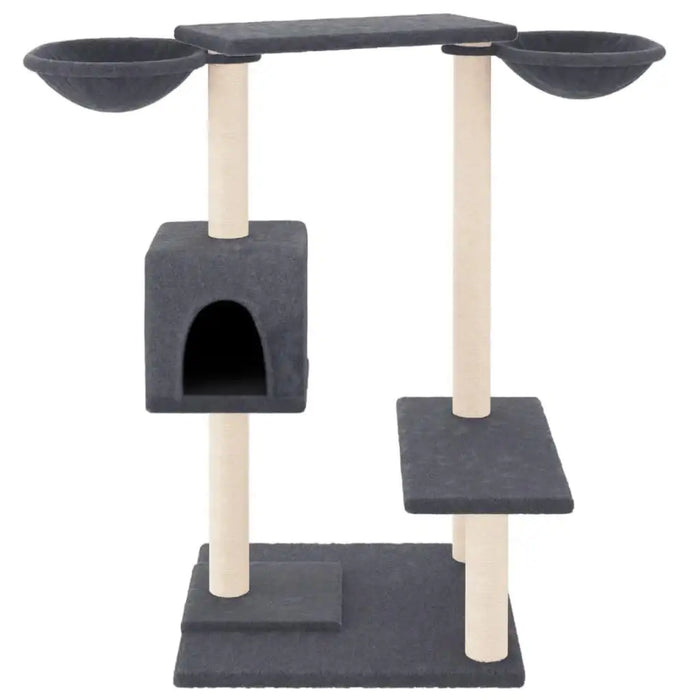 Dark grey multi-level cat tree with two baskets, house, and sisal scratching posts