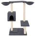 Dark grey multi-level cat tree with two baskets, house, and sisal scratching posts