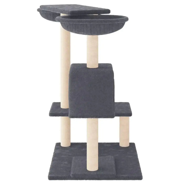 Dark grey multi-level cat tree with two baskets, house, and sisal scratching posts