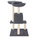 Dark grey multi-level cat tree with two baskets, house, and sisal scratching posts