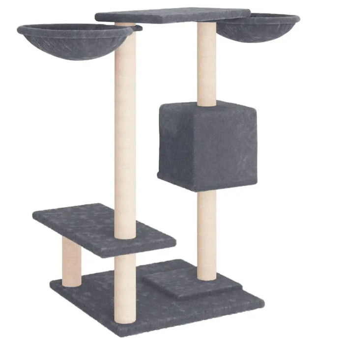 Dark grey multi-level cat tree with two baskets, house, and sisal scratching posts