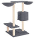 Dark grey multi-level cat tree with two baskets, house, and sisal scratching posts