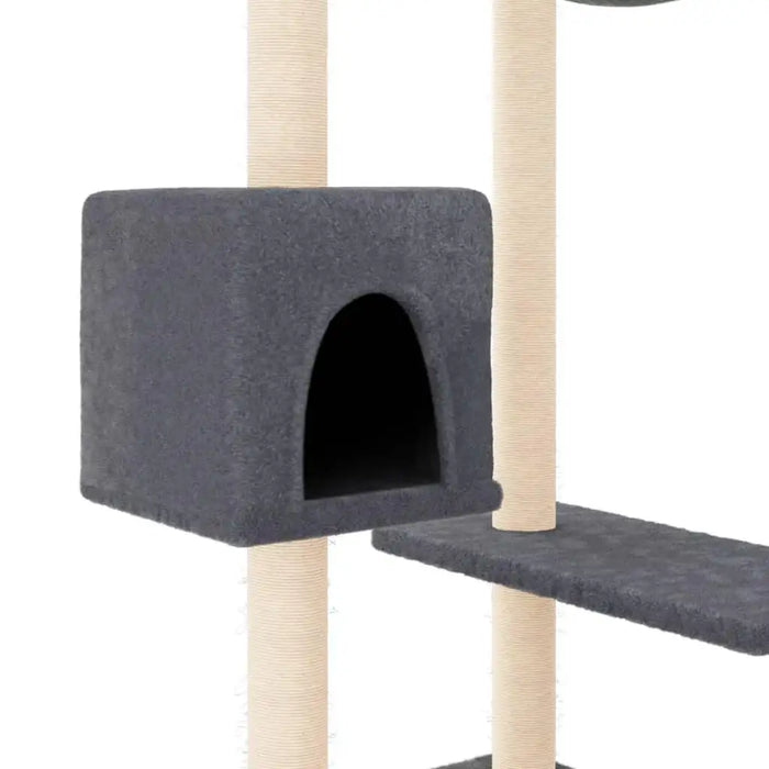 Dark grey multi-level cat tree with sisal posts, house, and platforms