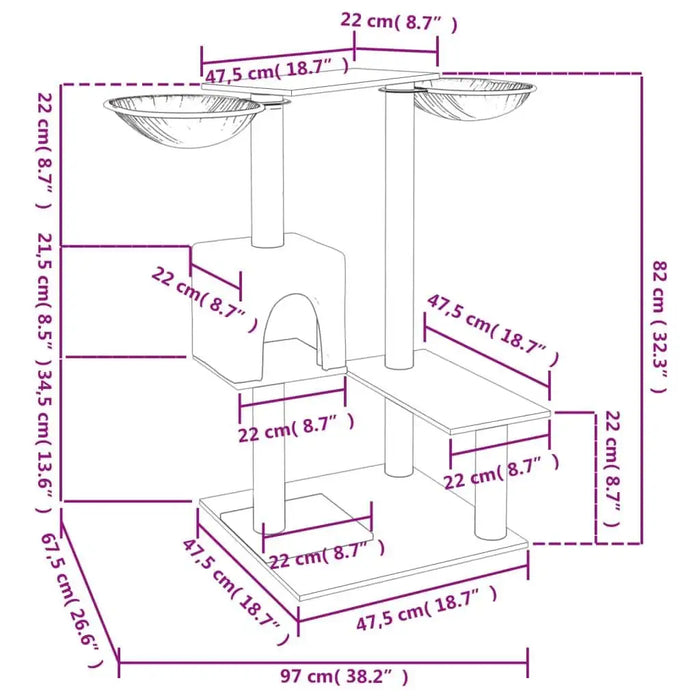 Multi-level cat tree with two baskets, house, sisal posts, and detailed size measurements.