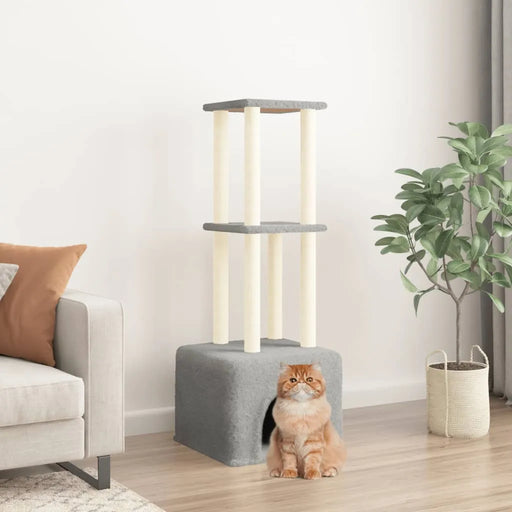 Light grey cat tree with natural sisal posts, orange cat, modern living room setting