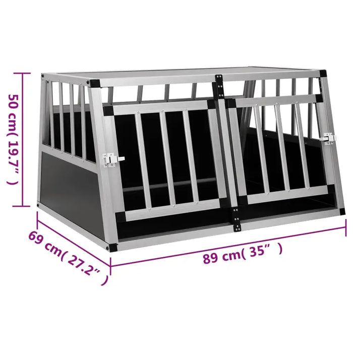 Aluminium and MDF double dog car cage with bars, double doors, and size dimensions indicated.