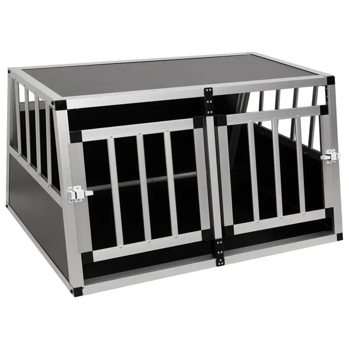 Aluminium and MDF dog car cage with double doors and vented sides for safe trunk transport