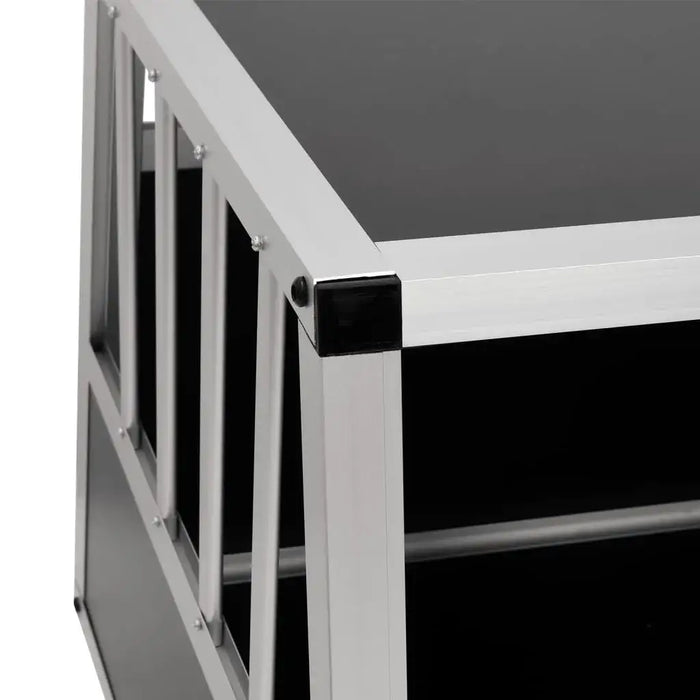 Close-up of aluminium and MDF dog car cage corner with bars and black panels