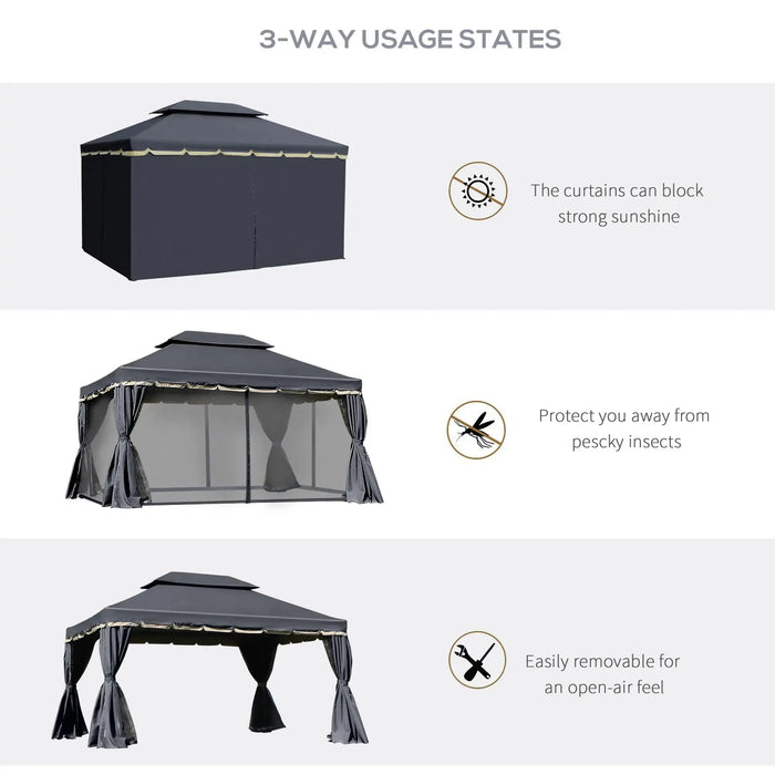 Aluminium Garden Pavilion Gazebo with Nets and Curtains in Black (3 x 4m) - Little and Giant Explorers Outsunny