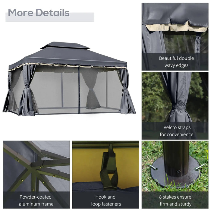 Aluminium Garden Pavilion Gazebo with Nets and Curtains in Black (3 x 4m) - Little and Giant Explorers Outsunny