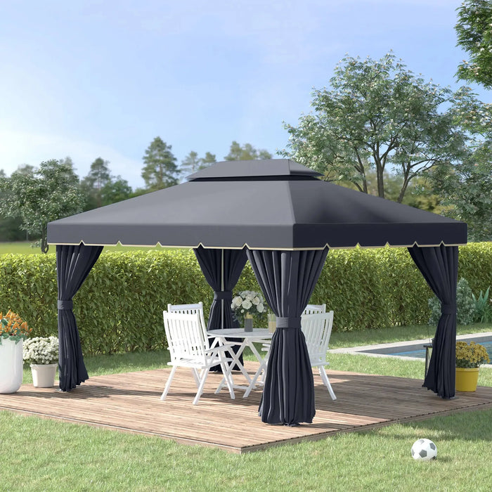 Aluminium Garden Pavilion Gazebo with Nets and Curtains in Black (3 x 4m) - Little and Giant Explorers Outsunny