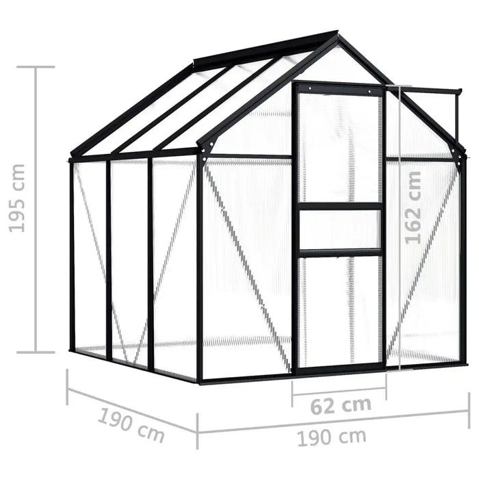 Aluminium polycarbonate greenhouse anthracite 190x190x195cm with sliding door and dimensions