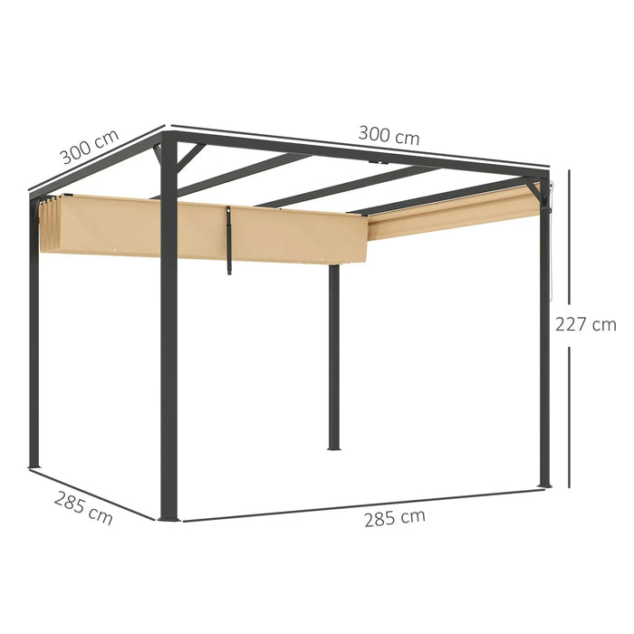 Aluminium Pergola with Retractable Roof and Wall in Khaki (3 x 3m) - Little and Giant Explorers Outsunny