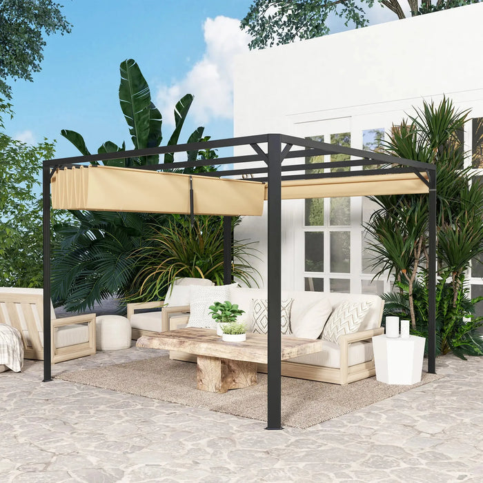 Aluminium Pergola with Retractable Roof and Wall in Khaki (3 x 3m) - Little and Giant Explorers Outsunny