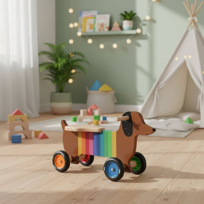 Wooden toy dog with rainbow-striped wagon on a wooden floor