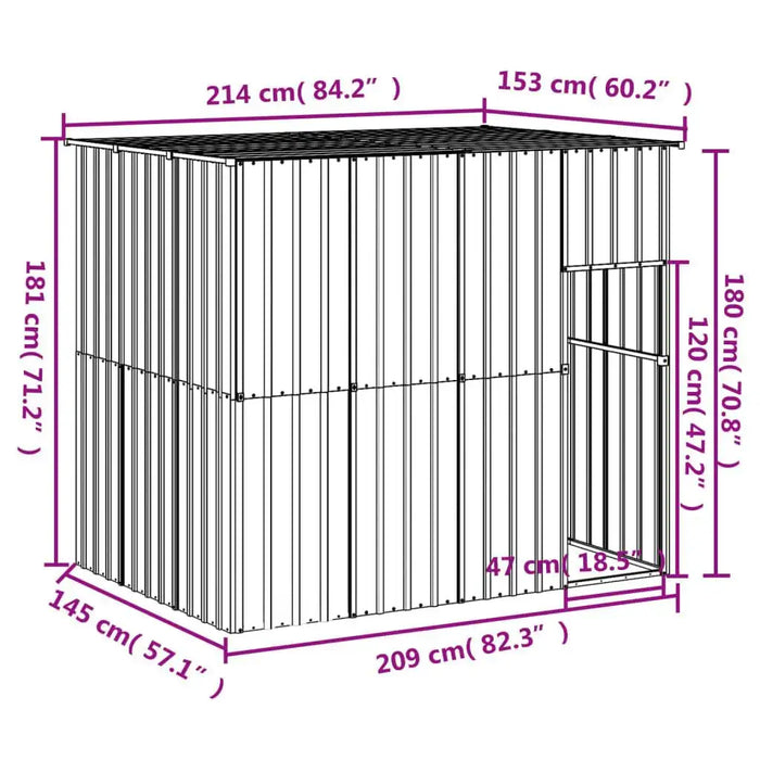 Anthracite outdoor galvanized steel kennel or pet shelter with detailed dimensions