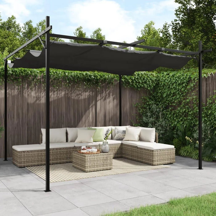Anthracite outdoor pergola with retractable roof over rattan patio furniture and green garden