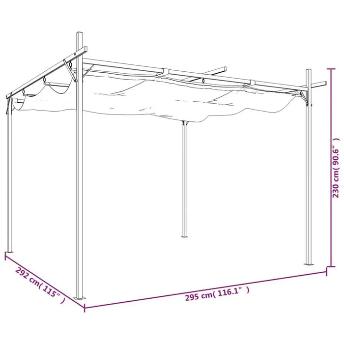 Anthracite outdoor pergola with retractable UV-resistant canopy, 295x292x230cm, line drawing.