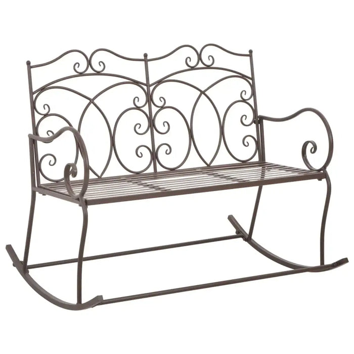 Antique brown wrought iron rocking garden bench with ornate scrollwork design