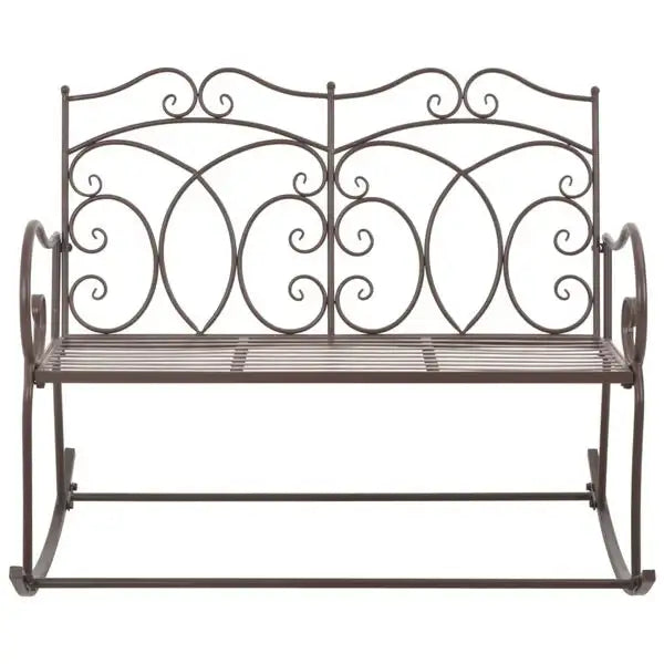 Antique-style brown wrought iron rocking garden bench with ornate scrollwork backrest