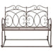 Antique-style brown wrought iron rocking garden bench with ornate scrollwork backrest