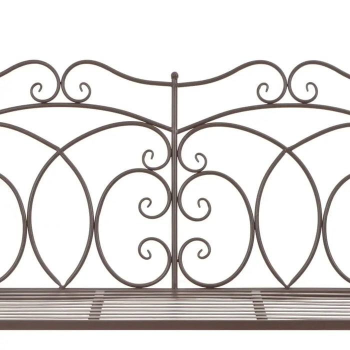 Antique brown wrought iron garden bench with decorative scrollwork backrest on white background
