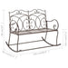 Antique brown wrought iron rocking garden bench with decorative scrollwork and armrests