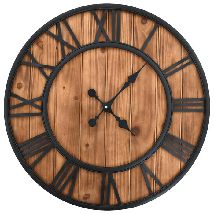 Wooden wall clock with black Roman numerals on a white background