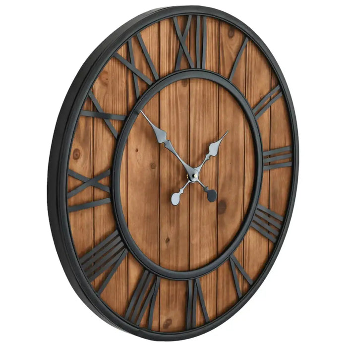 Wooden wall clock with black metal hands and Roman numerals on a white background