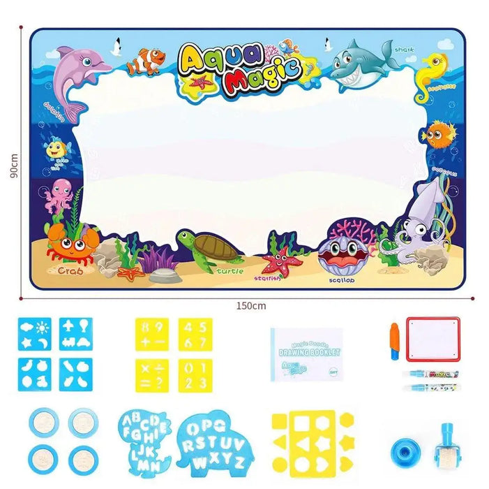Aqua Magic water doodle mat 150x90cm with colorful sea animals, stencils, pens, and accessories.