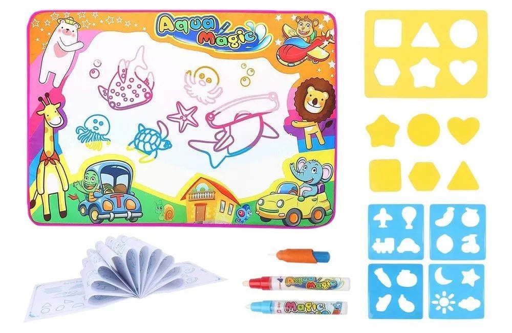 Aqua Magic water drawing mat set with animal design, magic pens, stencils, and activity book.