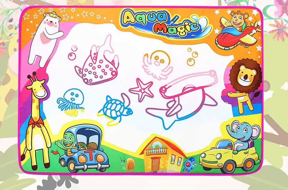 Aqua Doodle water drawing mat with animal cartoons, ocean doodles, and colorful border.