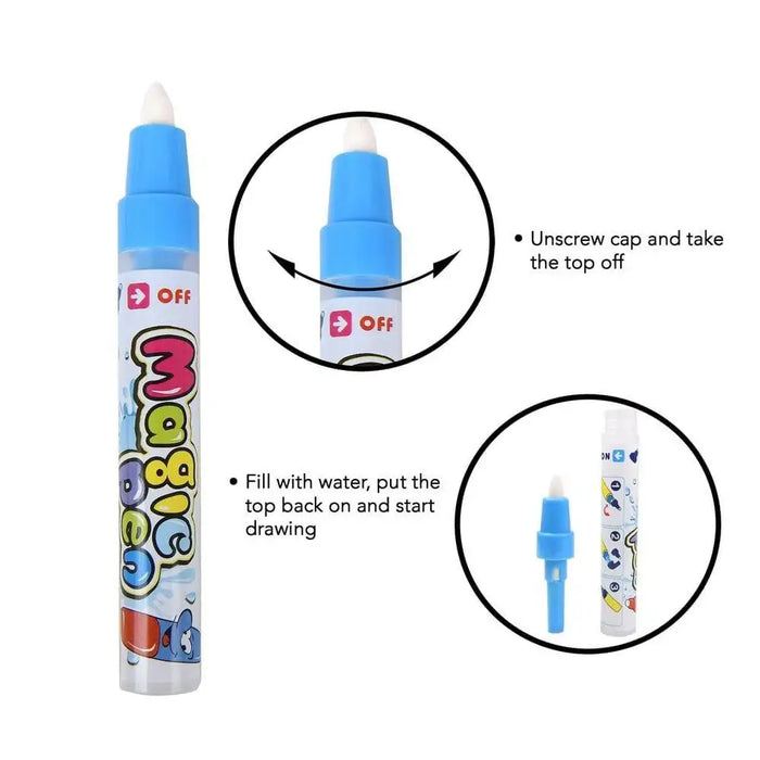 Magic water drawing pen with blue cap, unscrewed for mess-free painting instructions.